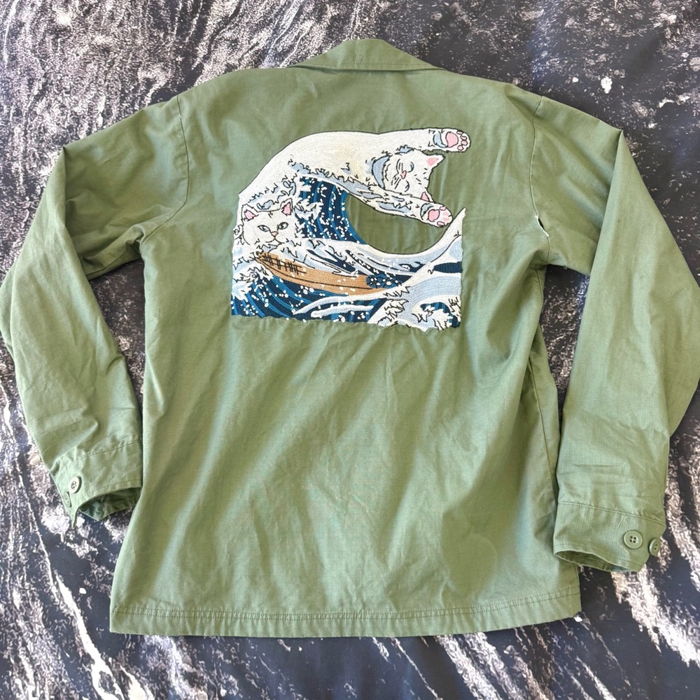 RIP N DIP Great Waves Nermal Green Buttom Up Jacket Mens Small S Embroidered